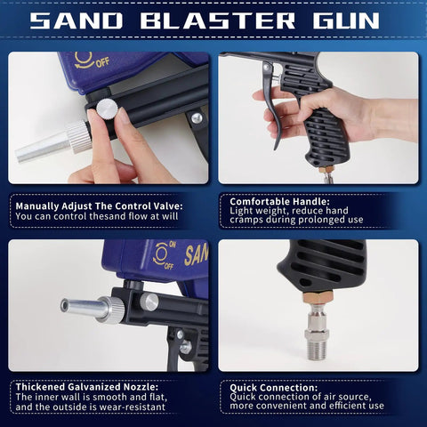 Grab And Go Gravity Feed Sandblaster Gun With Slick Flow Control And Comfort Grip showing adjustable control valve and comfortable handle.