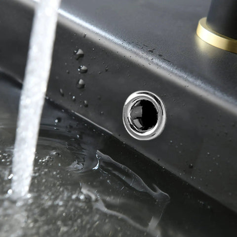 Close-up of water flow into Black Ceramic Rectangular Wall Mount Sink 21 By 17 Inches Vessel Style Bathroom Vanity with finish detail