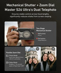 Diagram of mechanical shutter and zoom dial features for Phone Camera Master Grip Kit For Samsung Galaxy S26 Ultra With Case And 10X Flash 2in1 ND16 Filter 3200mAh Battery And Wireless Charging AI Filters DSLR Style Grip Handle, showcasing two-stage mechanical shutter and zoom dial effects on images.