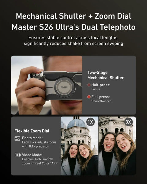 Diagram of mechanical shutter and zoom dial features for Phone Camera Master Grip Kit For Samsung Galaxy S26 Ultra With Case And 10X Flash 2in1 ND16 Filter 3200mAh Battery And Wireless Charging AI Filters DSLR Style Grip Handle, showcasing two-stage mechanical shutter and zoom dial effects on images.