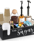 Farmhouse Coffee Bar Organizer For Countertop With Cup Holder And Pod Storage Basket Black Finish Five Compartment Coffee Station For Syrup Bottle Holder Pods And Accessories