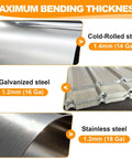 Maximum bending thickness for cold-rolled, galvanized, and stainless steel displayed with steel sheets.