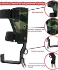 Tree Climbing Spikes And Gear Kit With Adjustable Belt And Nylon Rope For Climbing, Fruit Picking, Hunting, And Observation, Camouflage Set A, CE Certified Safety, Professional Climber Essentials showing features like magic tape design and thickened steel plate.