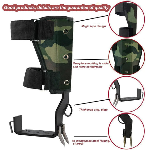 Tree Climbing Spikes And Gear Kit With Adjustable Belt And Nylon Rope For Climbing, Fruit Picking, Hunting, And Observation, Camouflage Set A, CE Certified Safety, Professional Climber Essentials showing features like magic tape design and thickened steel plate.