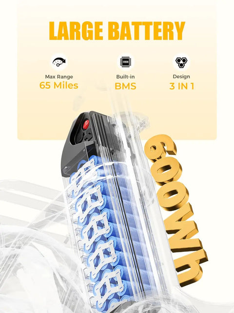 Large 600Wh battery for Ranger 2.0 Electric Bike, offering max range of 65 miles and built-in BMS for efficient use.