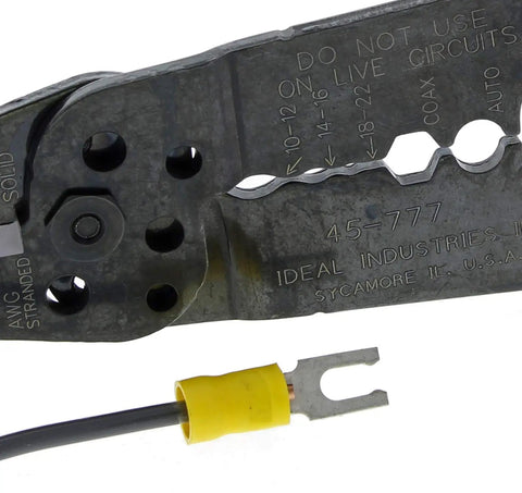 Close-up of 7 In 1 Wire Stripper And Cable Cutting Tool For Stranded Solid NM And UF Wire Pro Grade Electrician Hand Tool