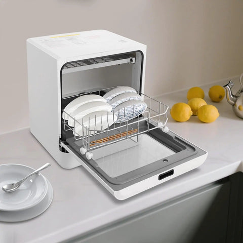 No Sweat Sleek Countertop Dishwasher Portable Electric Mini Washing Machine With Led Display and Rustproof Stainless Steel Interior quick rinse cycles for small apartments, showing dishes in rack.