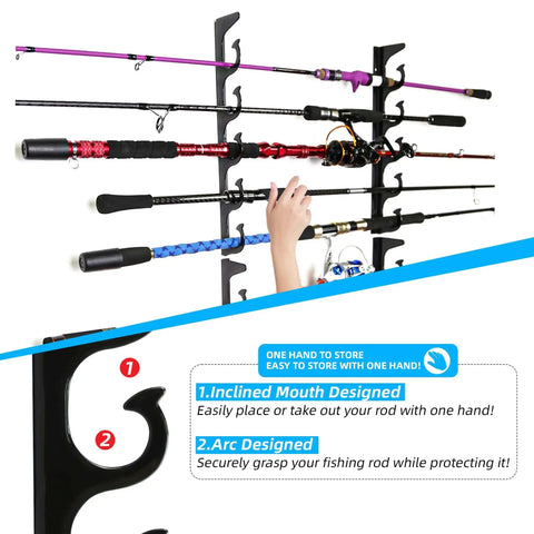 Beefy Heavy Duty Metal Fishing Rod Holder For Garage Wall Mount Rack That Keeps Multiple Rods Secure With Steel Core And TPU Coating.