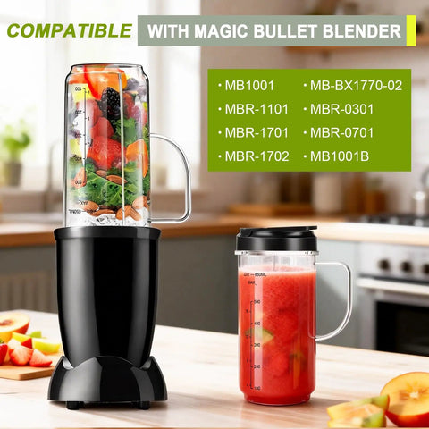Two Pack 22oz Tall Blender Cups With Handles And Flip Top To-Go Lids For 250W Magic Bullet MB1001 Blenders Replacement Parts With Cross Blade Easy To Clean BPA Free Dishwasher Safe, cups with smoothie and fruit ingredients on kitchen counter