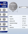 Top Shelf CR2032 Lithium 3V Coin Cell Batteries 20 Pack with specs, ideal for car keys and electronics.