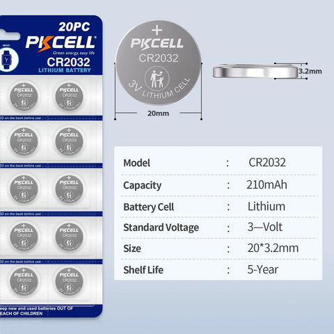 Top Shelf CR2032 Lithium 3V Coin Cell Batteries 20 Pack with specs, ideal for car keys and electronics.
