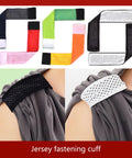 Jersey Sleeve Bands With Hook And Loop Fasteners Sleeve Straps shown in various colors on shirt sleeves.
