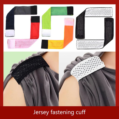 Jersey Sleeve Bands With Hook And Loop Fasteners Sleeve Straps shown in various colors on shirt sleeves.