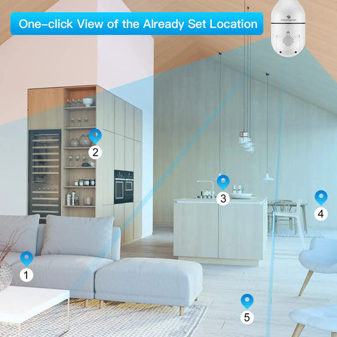 Plug And Play Light Bulb Security Camera 2K, 2.4GHz Wireless WiFi Bulb Cam capturing a modern living room with 360 degree view.