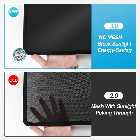 Tesla Model Y sunshade roof panel, 3.0 Ice Black, no-mesh sunlight blocker; hand-held with 2.0 mesh shown for comparison.