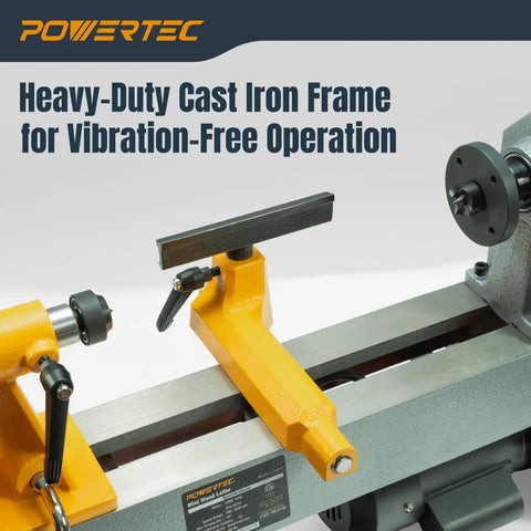 Powerful 10 Inch X 18 Inch Benchtop Mini Wood Lathe With Cast Iron Body And Five Speed Settings for vibration-free operation.