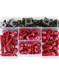 Sportbike Fairing Screw Kit 177Pcs Aluminum M5 Fasteners With Washers, Assorted Sizes - Gearhead Grade Replacement Hardware Set For Fairings On Most Sportbikes, Glossy Red, in organizer tray