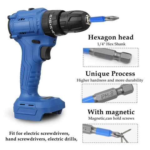Cordless drill with PH2 bits from 10 Piece Magnetic Phillips Screwdriver Bits Set, 6 Inch Long, Anti Slip PH2 Bits