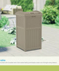 Hideaway Outdoor Trash Can With Lid 30 Gallon Decorative Wicker Style Garbage Bin In Dark Taupe on patio