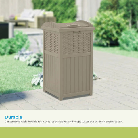 Hideaway Outdoor Trash Can With Lid 30 Gallon Decorative Wicker Style Garbage Bin In Dark Taupe on patio