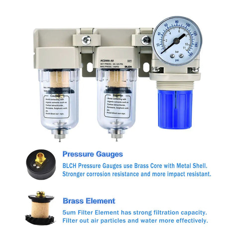 Pro Grade 1/4 Inch NPT Air Compressor Dryer With Double Filter Regulator And 5 Micron Brass Filter Element Manual Drain Poly Bowl Gauge 0-160 PSI 27 CFM 145 PSI Max AC2000-02
