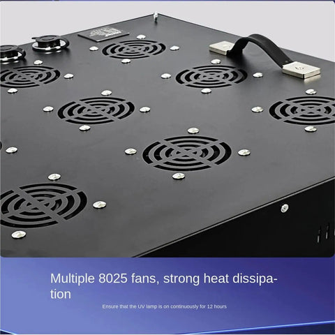 Heavy Hitter UV Curing Lamp At 365Nm Paired With Top Shelf UV Glue For Large Area Resin Epoxy Green Oil And Ink Drying Rapid Cure Works Like A Charm For 3D Printing Setup showing multiple cooling fans on surface.