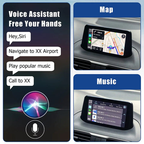 Mazda CarPlay And Android Auto Retrofit Kit showing maps and music apps on MZD Connect with voice assistant feature.
