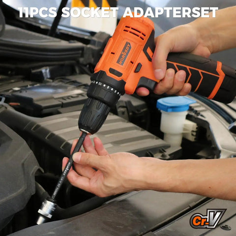 Using Heavy Duty Impact Socket Adapters Set For Drills In One Quarter Inch Hex Shank And Three Eighths Inch And One Half Inch Sizes