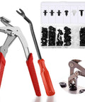 2 Pack Auto Clip Pliers Set With 100 Universal Retainer Clips, Spring Loaded Trim Removal Tool Kit shown with red handles