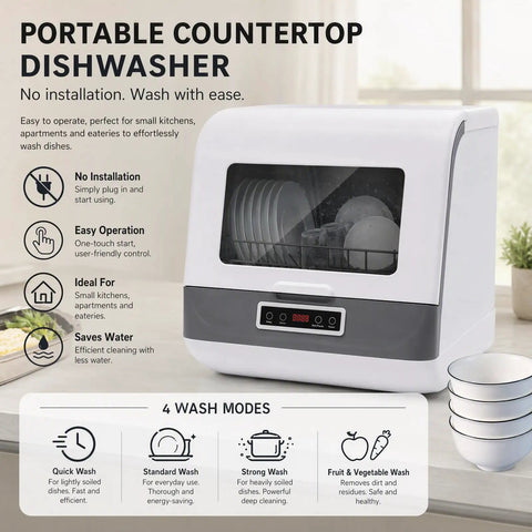 No Sweat Stainless Countertop Dishwasher Featuring Twelve Power Spray Jets Ozone Sterilization And High Temp Wash for compact kitchen use.