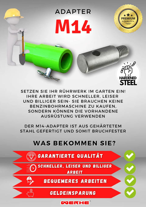 Go-To Earth Drill Adapter With M14 Thread For Concrete Mixers and Auger Drills infographic with product specifications