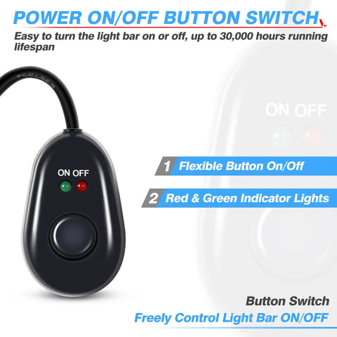 Close-up of on/off switch for Off Road LED Light Bar Wiring Harness with 40A relay, featuring red and green indicator lights.