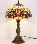 Tiffany Style Stained Glass Table Lamp With Vintage Victorian Vibe, 12 Inch Shade, antique green bronze base, UL listed.