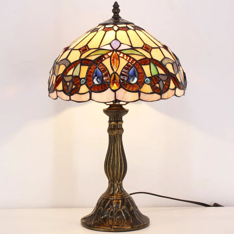 Tiffany Style Stained Glass Table Lamp With Vintage Victorian Vibe, 12 Inch Shade, antique green bronze base, UL listed.