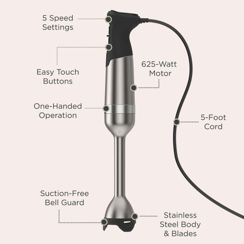 Hella Powerful Immersion Blender With Five Speed Settings And A 625-Watt Motor featuring easy touch buttons and a stainless steel body.