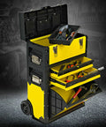 Three Layer Portable Tool Box On Wheels Detachable Tool Chest With Trolley open showing tools, yellow and black compartments.