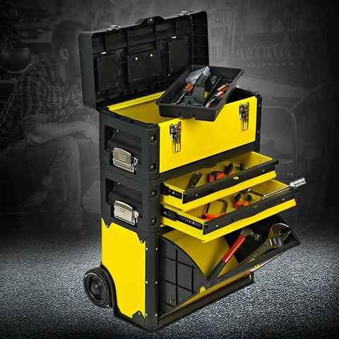 Three Layer Portable Tool Box On Wheels Detachable Tool Chest With Trolley open showing tools, yellow and black compartments.