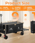 70 Inch Extender Collapsible Wagon With Extended Tailgate For Beefy Heavy-Duty Transport All-Terrain Big Wheels Foldable Utility Cart For Beach, Sports, Camping Gear And Groceries Black shown folded and unfolded with dimensions.