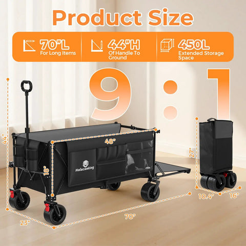 70 Inch Extender Collapsible Wagon With Extended Tailgate For Beefy Heavy-Duty Transport All-Terrain Big Wheels Foldable Utility Cart For Beach, Sports, Camping Gear And Groceries Black shown folded and unfolded with dimensions.