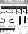 Heavy Duty Metal Garage Tool Organizer Wall Mount Kit Four Pack with hooks and straps, dimensions and components shown.