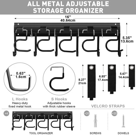 Heavy Duty Metal Garage Tool Organizer Wall Mount Kit Four Pack with hooks and straps, dimensions and components shown.