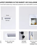 Wall-mounted drop slot safe with dual access, tubular key lock, anti-fishing baffle shown in multiple detailed views.