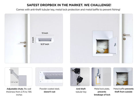 Wall-mounted drop slot safe with dual access, tubular key lock, anti-fishing baffle shown in multiple detailed views.