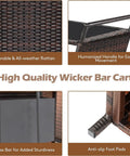 Close-up of Patio Wicker Bar Cart With Wheels Ice Bucket Outdoor Rolling Beverage Counter Table Glass Top Modern Rattan Wine Serving Cart showing materials and features.