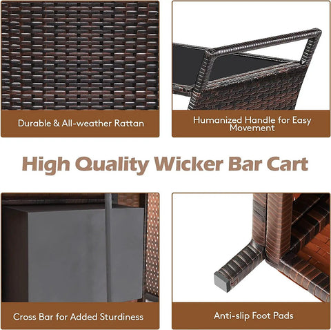 Close-up of Patio Wicker Bar Cart With Wheels Ice Bucket Outdoor Rolling Beverage Counter Table Glass Top Modern Rattan Wine Serving Cart showing materials and features.