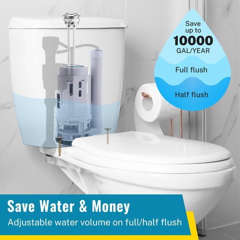 3 Inch Dual Flush Valve Replacement Kit with Top Push Button for Two Piece Toilets Includes Tank To Bowl Gasket and Bolts Durable ABS Valve Kit Leak Free Seal Easy To Install shown inside toilet tank
