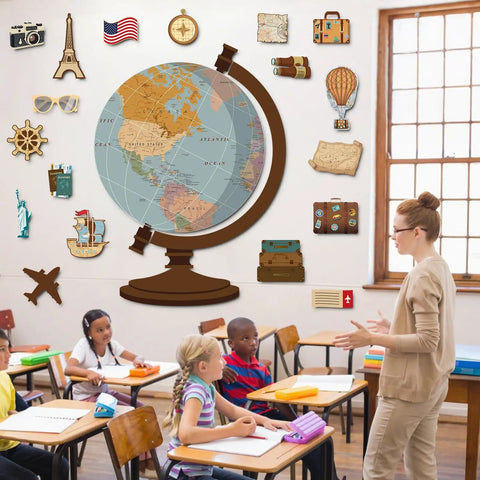 Travel Theme Bulletin Board Set With Vintage Globe Cutouts And World Map Decor For Classrooms Back To School Wall Display
