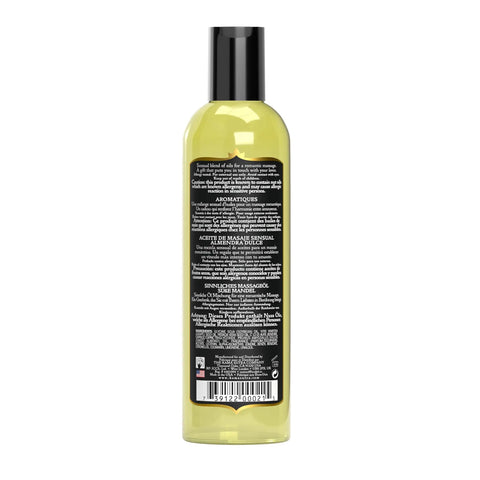 Back label of Sweet Almond Massage Oil For Date Night Vibes And Intimate Moments, Silky Smooth Formula, 8 ounces bottle