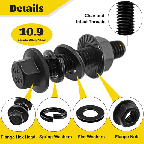 M8 Flange Hex Bolt Assortment Kit With Flat And Spring Washers And Hex Nuts, 164 Pc Metric Fastener Set showing 10.9 grade alloy steel components.