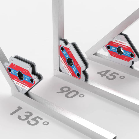 YesWelder 50 lb welding magnets, 4-piece set on metal rails with 45°, 90°, 135° angle marks